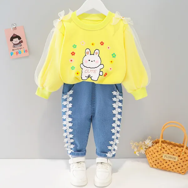 【6M-4Y】 2-piece Girl Cute Flower And Bunny Print Sweatshirt And Blue Jeans Set - Popopiearab.com 