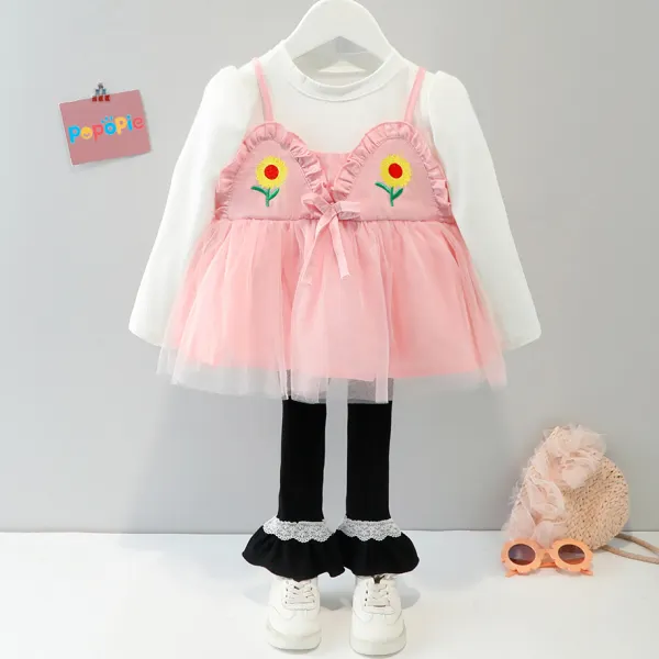 【6M-4Y】 2-piece Girl Cute Flower Embroidery Fake Two-piece Blouse And Leggings Set - Popopiearab.com 