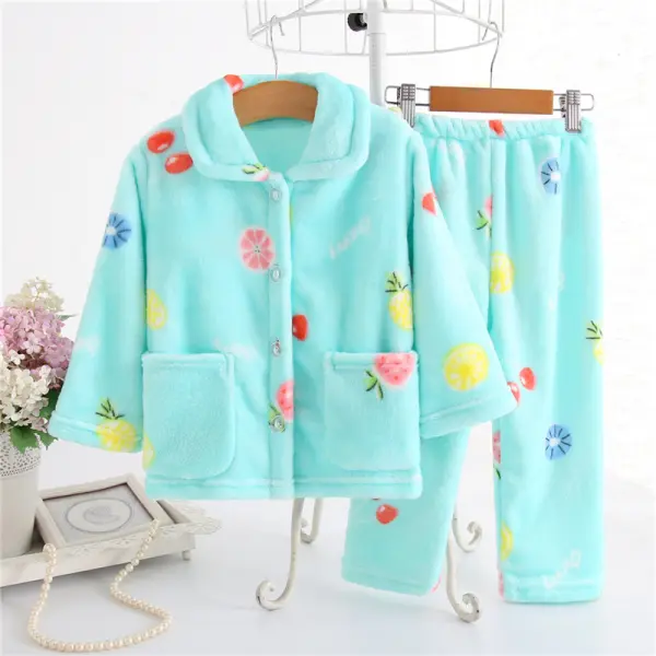 【18M-11Y】Girls 2-piece Fruit Print Pattern Flannel Pajama Set - Popopiearab.com 
