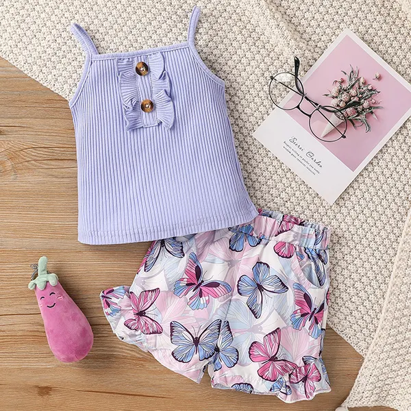 【18M-6Y】Girl 2-piece Sweet Solid Color Top And Butterfly Print Shorts Set - Popopiearab.com 