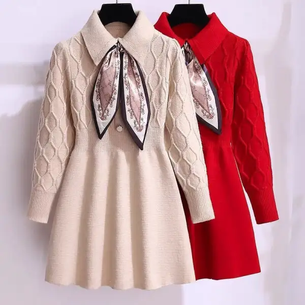【3Y-15Y】Girl Sweet Bow Tie Long Sleeve Sweater Dress - Popopiearab.com 