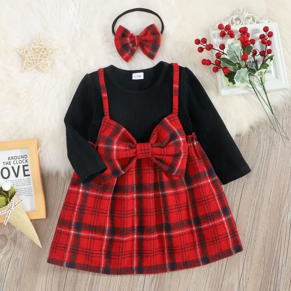 【3M-3Y】Girl's Sweet Bow-knot Plaid Fake Two-piece Dress - Popopiearab.com 