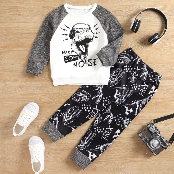 【4Y-13Y】 2-piece Boy Casual Dinosaur Print Round Neck Long-sleeved T-shirt And Pants Set - Popopiearab.com 