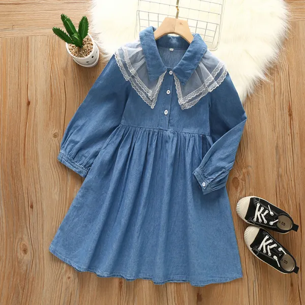 【3Y-13Y】Girl Sweet Denim Lapel Puff Sleeve Dress - Popopiearab.com 
