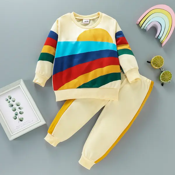 【18M-6Y】Kids Cute Rainbow Print Colorblock Sweatshirt And Pants Set - Popopiearab.com 