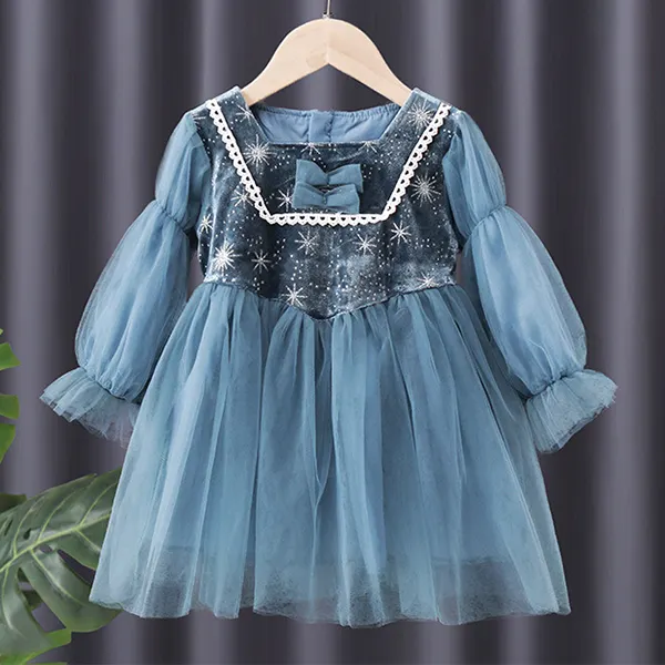 【18M-7Y】Girl Sweet Velvet Stitching Mesh Square Neck Long Sleeve Dress - Popopiearab.com 