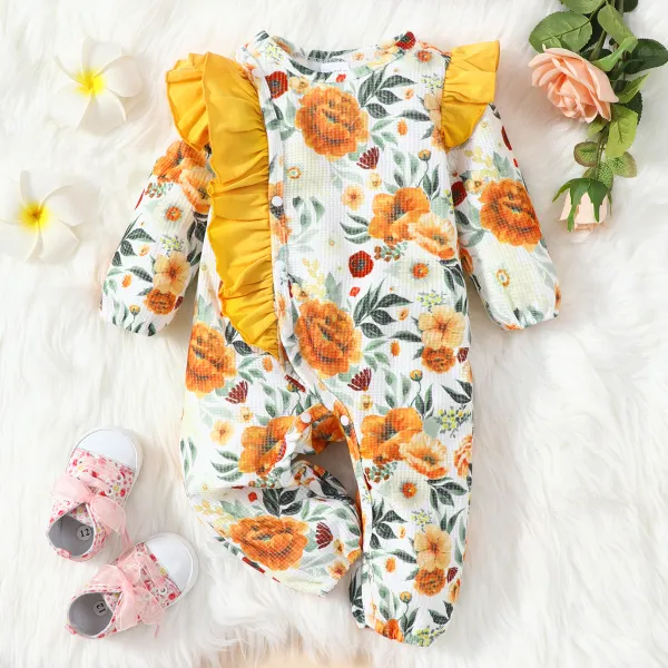 【0M-18M】Baby Cute Ruffled Prints Floral Long Sleeve Romper - Popopiearab.com 