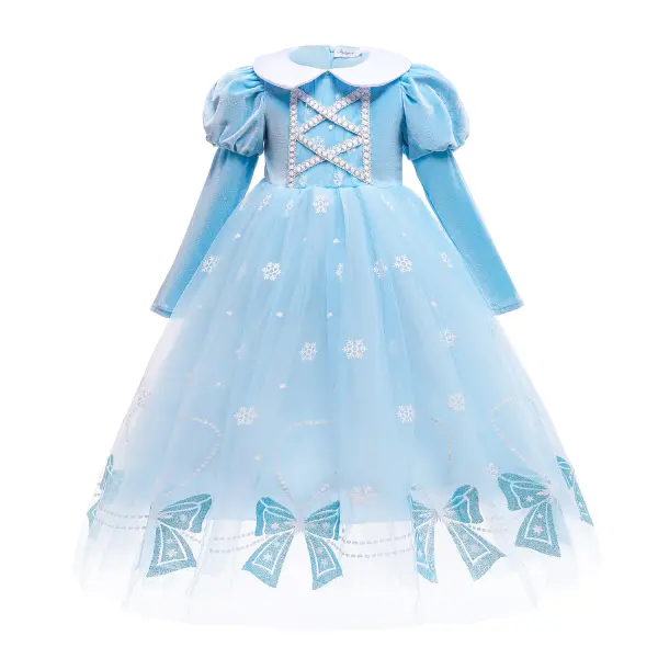 【2Y-11Y】 Girl Sweet Bow And Snow Print Puff Sleeve Blue Princess Dress - Popopiearab.com 
