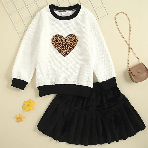 【3Y-11Y】Girl 2-piece Love Embroidered Long Sleeve Sweatshirt And Skirt Set - Popopiearab.com 