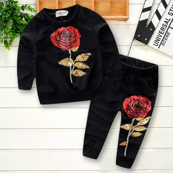 【2Y-9Y】 Girls Rose Sequined Sweatshirt And Pants Set - Popopiearab.com 