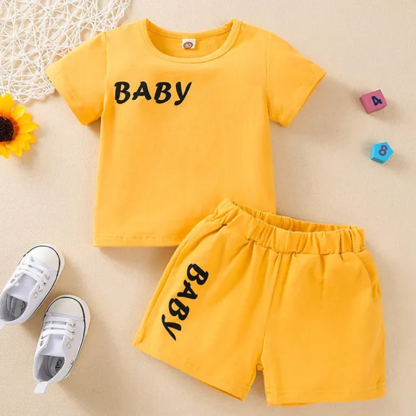 【3M-24M】Baby Boy 2-piece Letter Print Short Sleeve T-shirt And Shorts Set - Popopiearab.com 