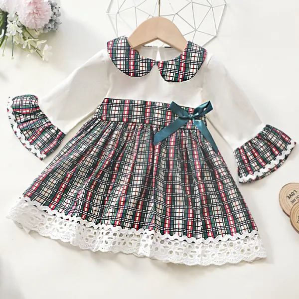 【6M-4Y】 Girl's Sweet Bow Red And Green Plaid Print Long-sleeved Dress - Popopiearab.com 