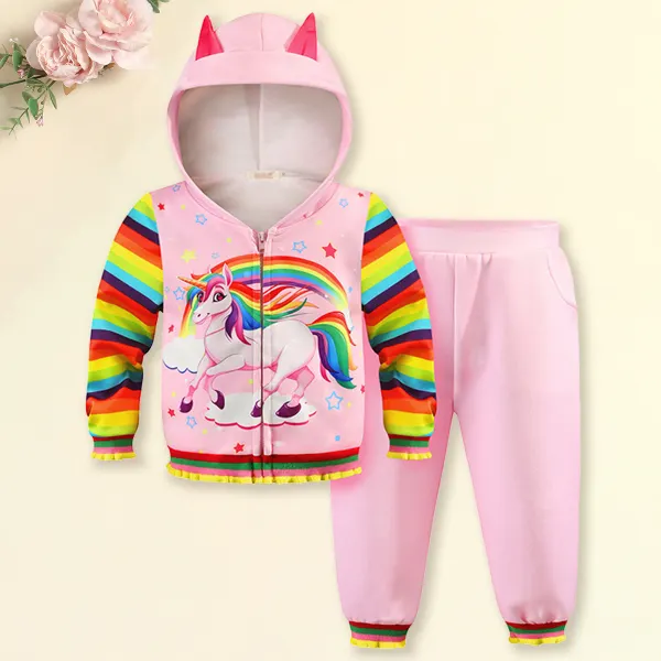 【2Y-9Y】Girls Unicorn Pattern Hooded Jacket And Pants Set - Popopiearab.com 