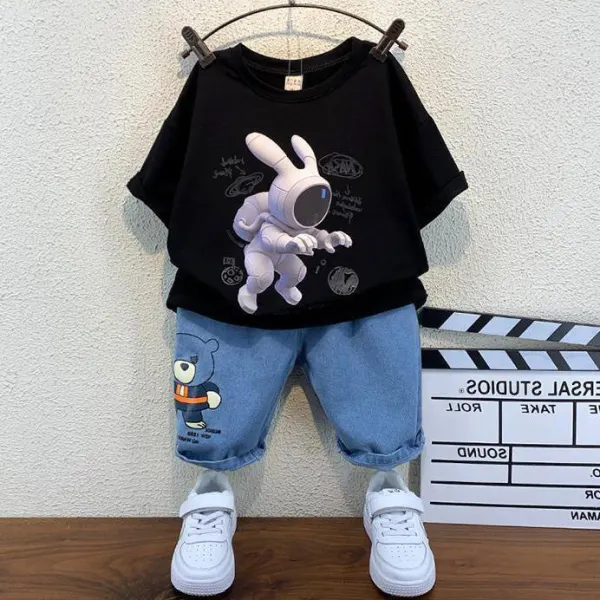 【18M-9Y】 2-piece Boy Casual Space Bunny Print T-shirt And Cropped Pants Set - Popopiearab.com 