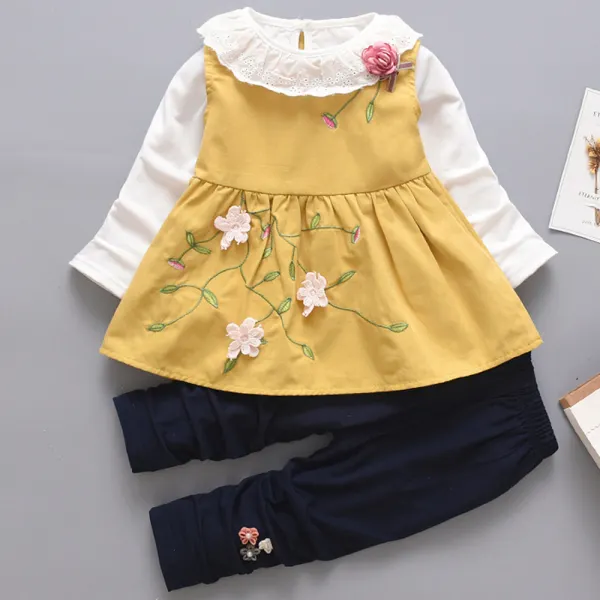 【12M-4Y】3-piece Girl Floral Embroidery T-shirt And Tank Top And Pants Set - Popopiearab.com 