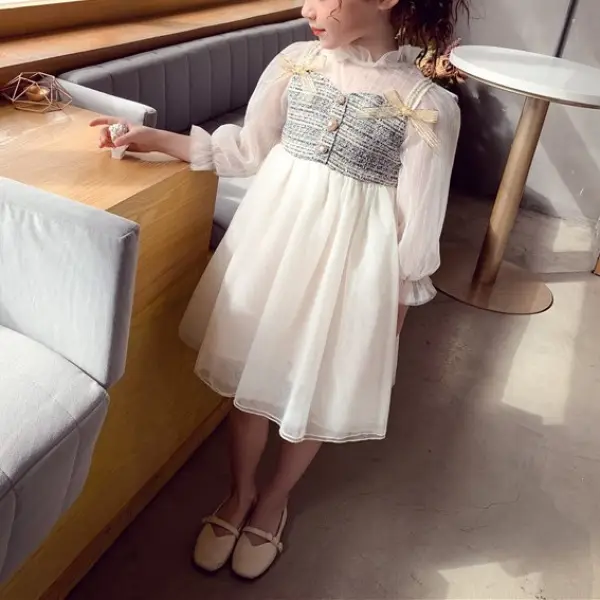【18M-9Y】Girl Bowknot Long Sleeve Stitching Mesh Princess Dress - Popopiearab.com 