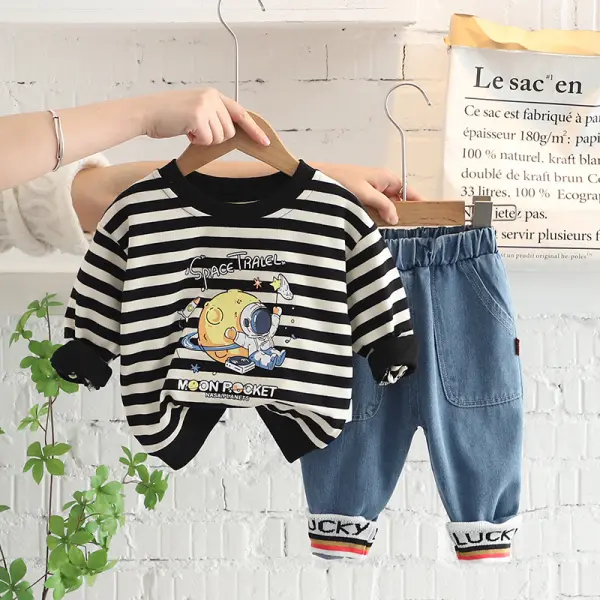 【12M-5Y】Boy 2-piece Astronaut Print Stripes Sweatshirt And Jeans Set - Popopiearab.com 