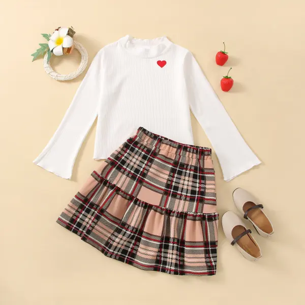 【4Y-13Y】Girl Sweet White Tee And Plaid Skirts Suit - Popopiearab.com 