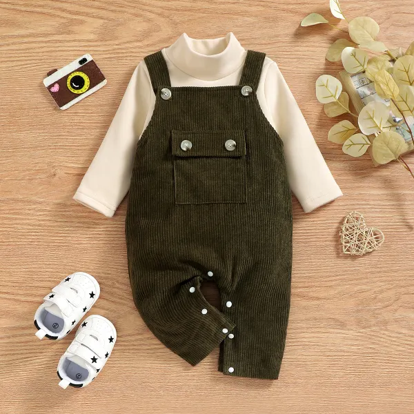 【3M-3Y】2-piece Baby Cute Beige T-shirt And Green Corduroy Overalls Set - Popopiearab.com 