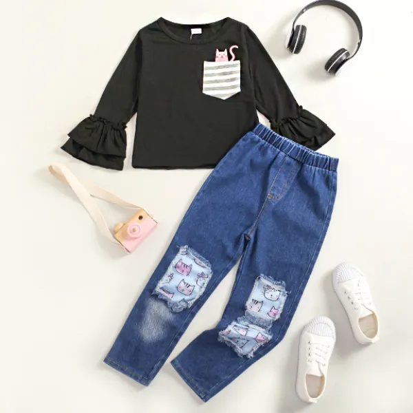 【4Y-13Y】 2-piece Girl Casual Cat Print T-shirt And Blue Jeans Set - Popopiearab.com 