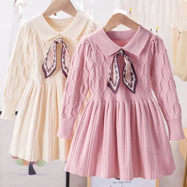 【3Y-11Y】Girl Bow Tie Long Sleeve Woolen Dress - Popopiearab.com 