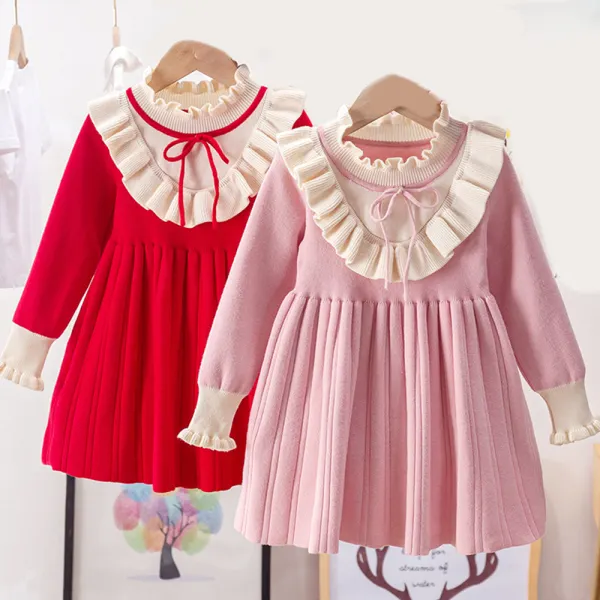 【3Y-11Y】Girls Ruffled Long-sleeved Woolen Dress - Popopiearab.com 