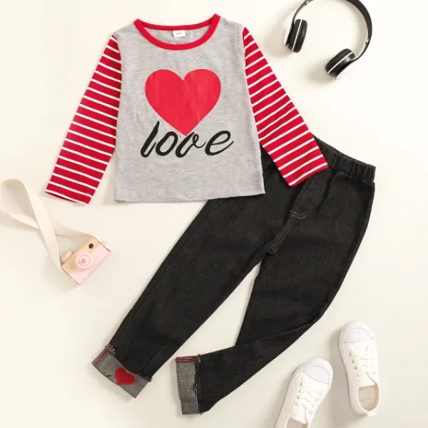 【4Y-13Y】 2 Piece Girl Casual Heart Shape Printed T-shirt And Jeans Set - Popopiearab.com 
