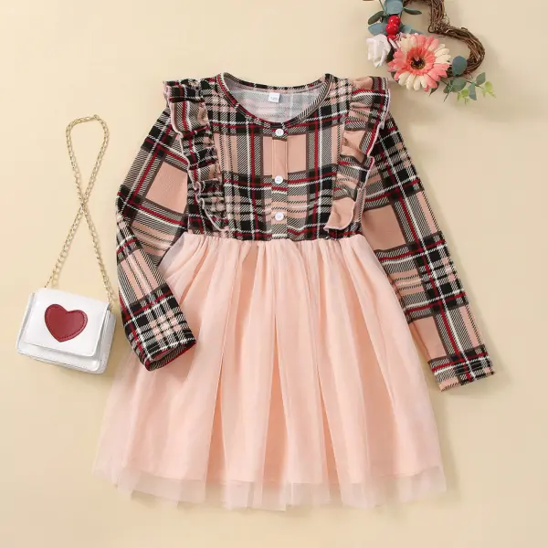 【4Y-13Y】Girl Sweet Plaid Ruffle Layered Tulle Dress - Popopiearab.com 