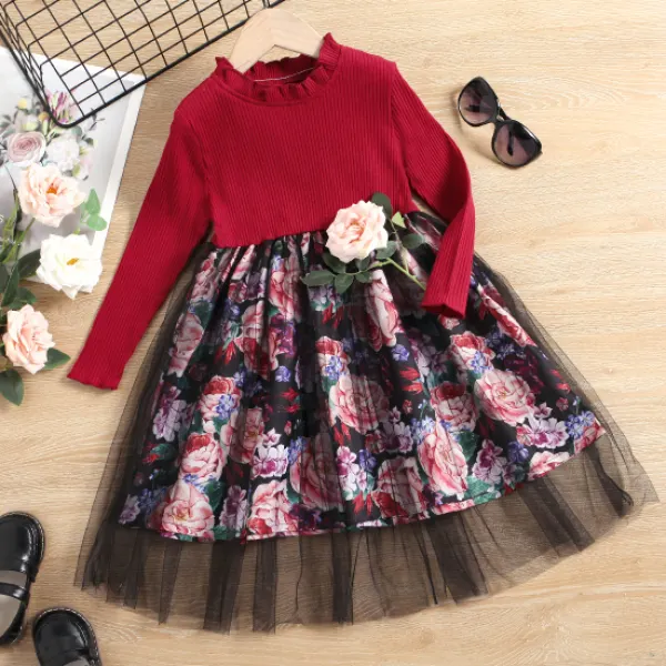 【4Y-13Y】 Girl Sweet Flower Print Long Sleeve Dress - Popopiearab.com 