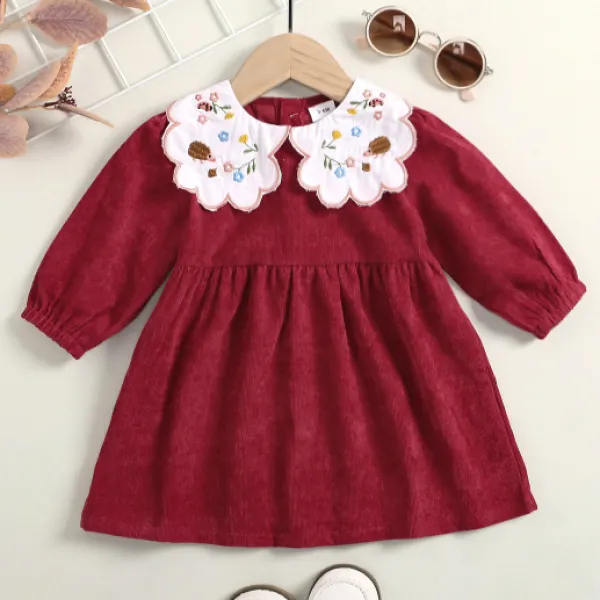 【3M-18M】 Girl Baby Sweet Flower Embroidered Collar Red Long-sleeved Dress - Popopiearab.com 