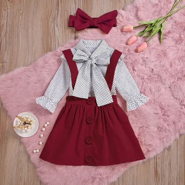 【3Y-11Y】Girls 3-piece Bow-knot Decorated Long-sleeved Shirt And Suspender Skirt With Headband Set - Popopiearab.com 