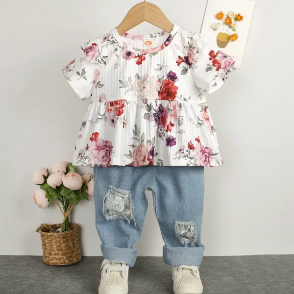 【18M-6Y】 2-piece Girl Sweet Flower Print Short-sleeved T-shirt And Blue Jeans Set - Popopiearab.com 
