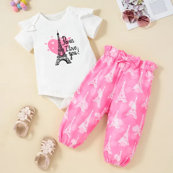 【3M-24M】 2-piece Baby Girl Cute Printed Romper And Pink Pants Set - Popopiearab.com 