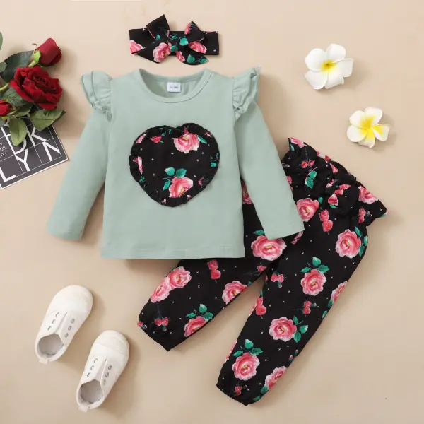 【12M-4Y】3-piece Girl Floral Long-sleeved T-shirt And Pants Set With Headband - Popopiearab.com 