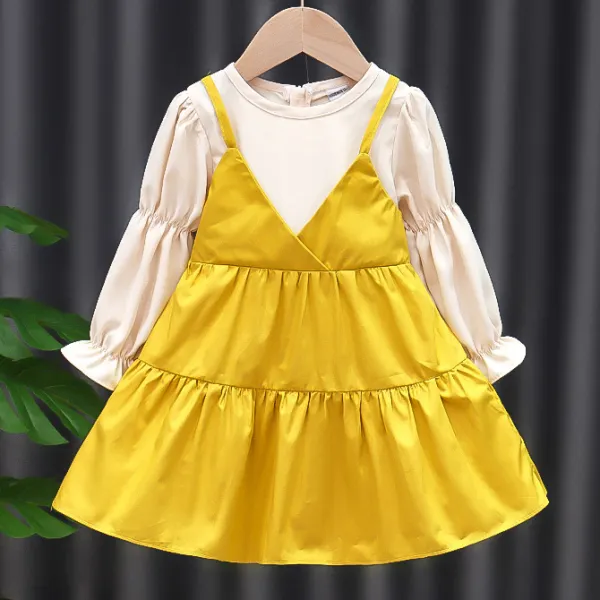 【18M-7Y】 Girl Sweet Puff Sleeve Fake Two-piece Dress - Popopiearab.com 