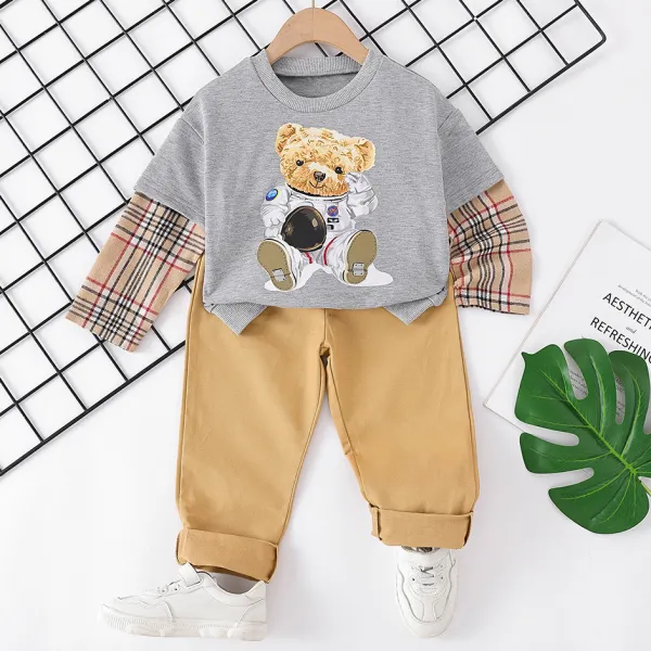 【18M-7Y】 2-piece Boy Casual Bear Print Fake Two-piece Sweatshirt And Khaki Pants Set - Popopiearab.com 