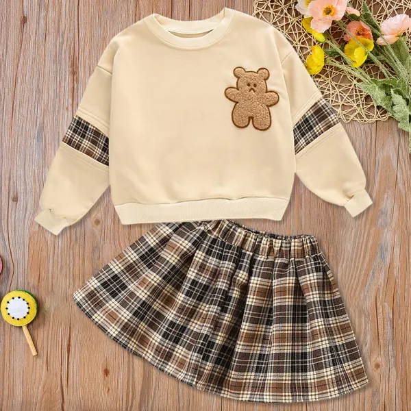 【3Y-13Y】2-piece Girl Cute Bear Embroidered Sweatshirt And Plaid Skirt Set With Bear - Popopiearab.com 