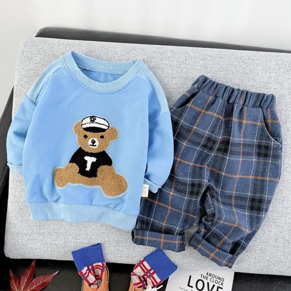 【12M-4Y】Boy Bear Sweatshirt And Plaid Pants Set - Popopiearab.com 