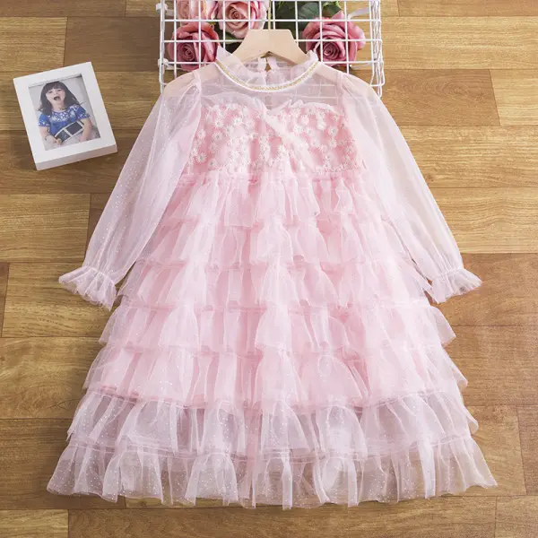 【3Y-11Y】 Girl's Sweet Multi-layer Ruffled Mesh Dress - Popopiearab.com 