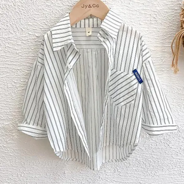 【2Y-11Y】Boys Casual Black And White Striped Long Sleeve Shirt (Not Including T-shirt) - Popopiearab.com 