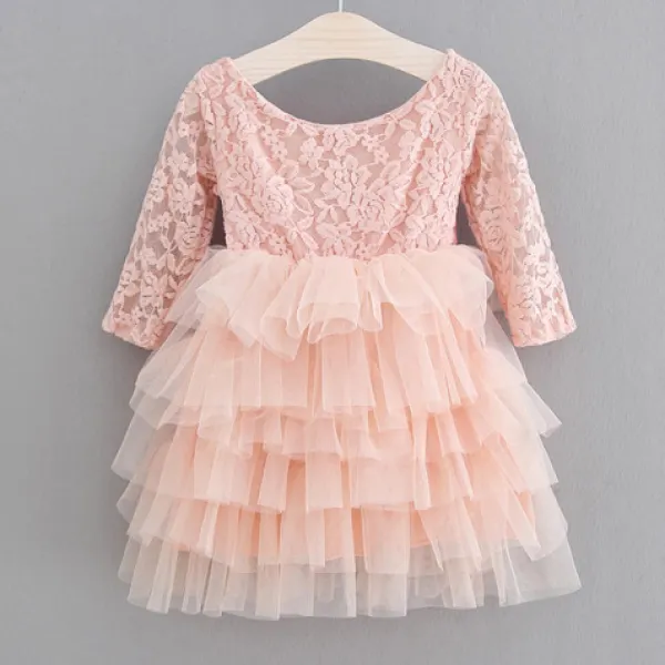 【18M-7Y】 Girl Sweet Bowknot Pink Lace Multi-layer Dress - Popopiearab.com 