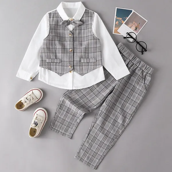 【18M-7Y】 2-piece Boy Gentleman Grey Plaid Fake Two-piece Shirt And Pants Set - Popopiearab.com 