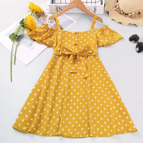 【4Y-13Y】Girl Sweet Polka Dot Print Yellow Ruffled Off-shoulder Dress - Popopiearab.com 