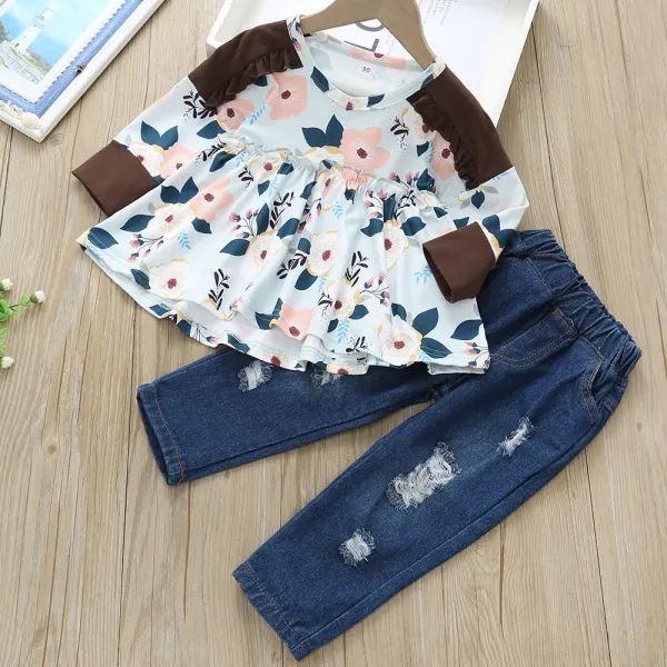【12M-5Y】Girls Floral Striped Long Sleeve T-shirt And Jeans Set - Popopiearab.com 