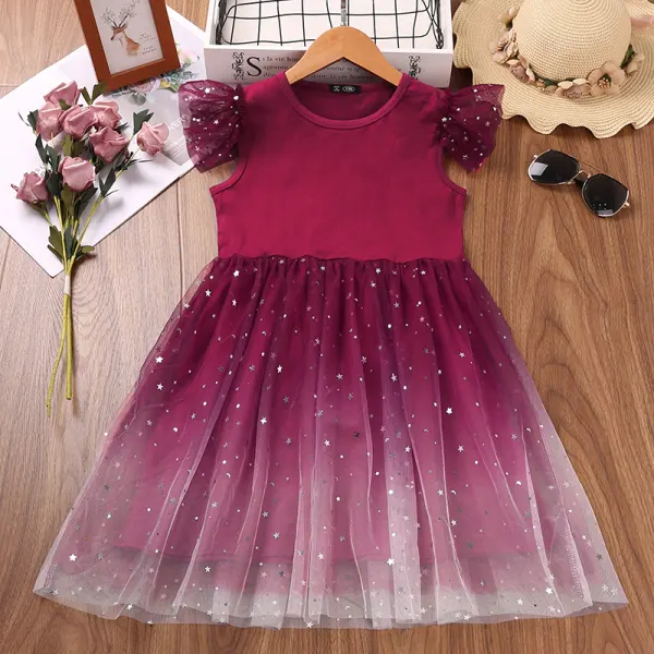 【4Y-13Y】Girl Sweet Wine Red Small Flying Sleeve Star Mesh Dress - Popopiearab.com 