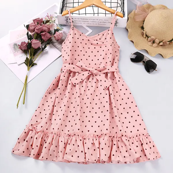 【4Y-13Y】 Girl Sweet Heart Shape Polka Dot Print Pink Sling Dress - Popopiearab.com 