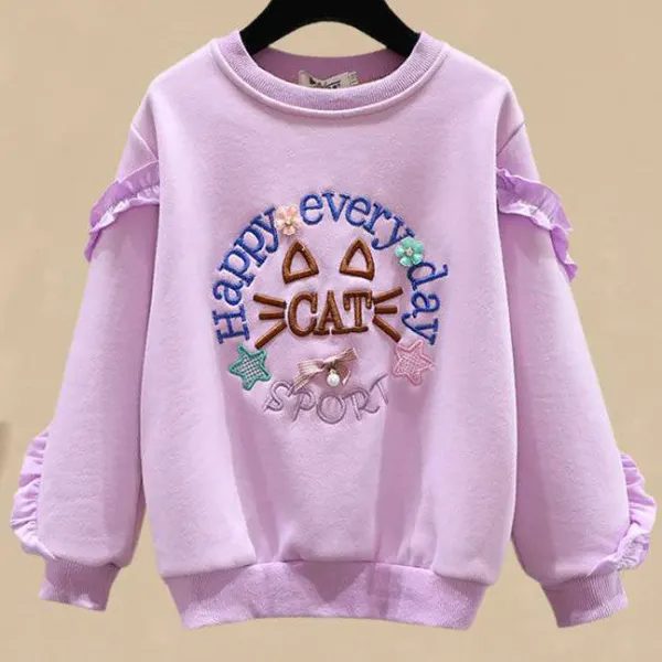 【3Y-13Y】Girls Sweet Cat Letter Embroidered Ruffle Sweatshirt - Popopiearab.com 