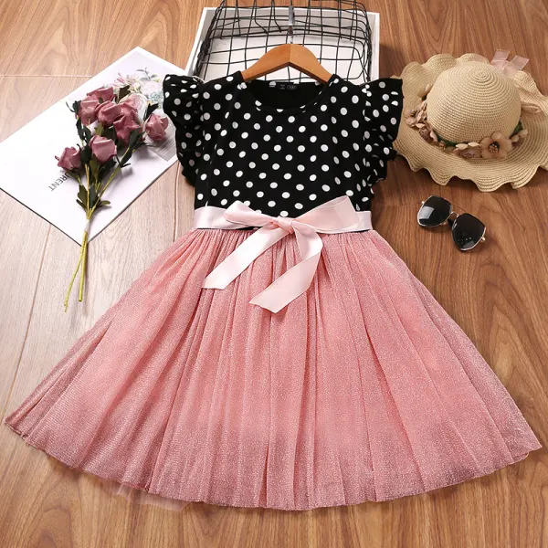 【4Y-13Y】 Girls Sweet Little Flying Sleeve Polka Dot Printed Mesh Dress - Popopiearab.com 