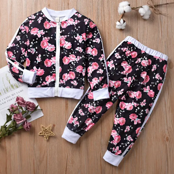 【18M-7Y】 2-piece Girl Casual Pink Floral Print Cardigan Sweatshirt And Pants Set - Popopiearab.com 