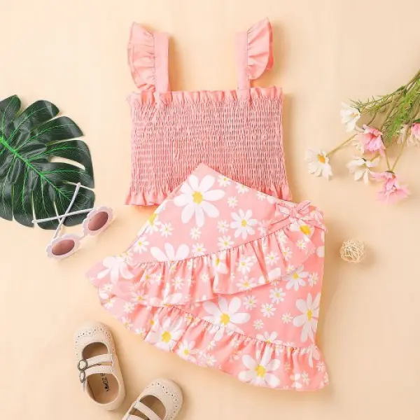 【12M-5Y】Girls Sweet 2-piece RuffledTop And Floral Skirt Set - Popopiearab.com 